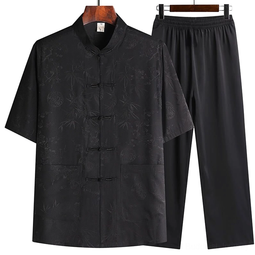 Men's solid black traditional tang suit two-piece set with stand collar frog buttons and black pants