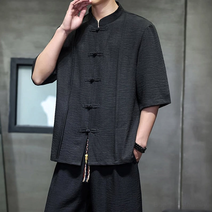 Men's black zen meditation clothing with wide-leg cropped pants and comfortable fit