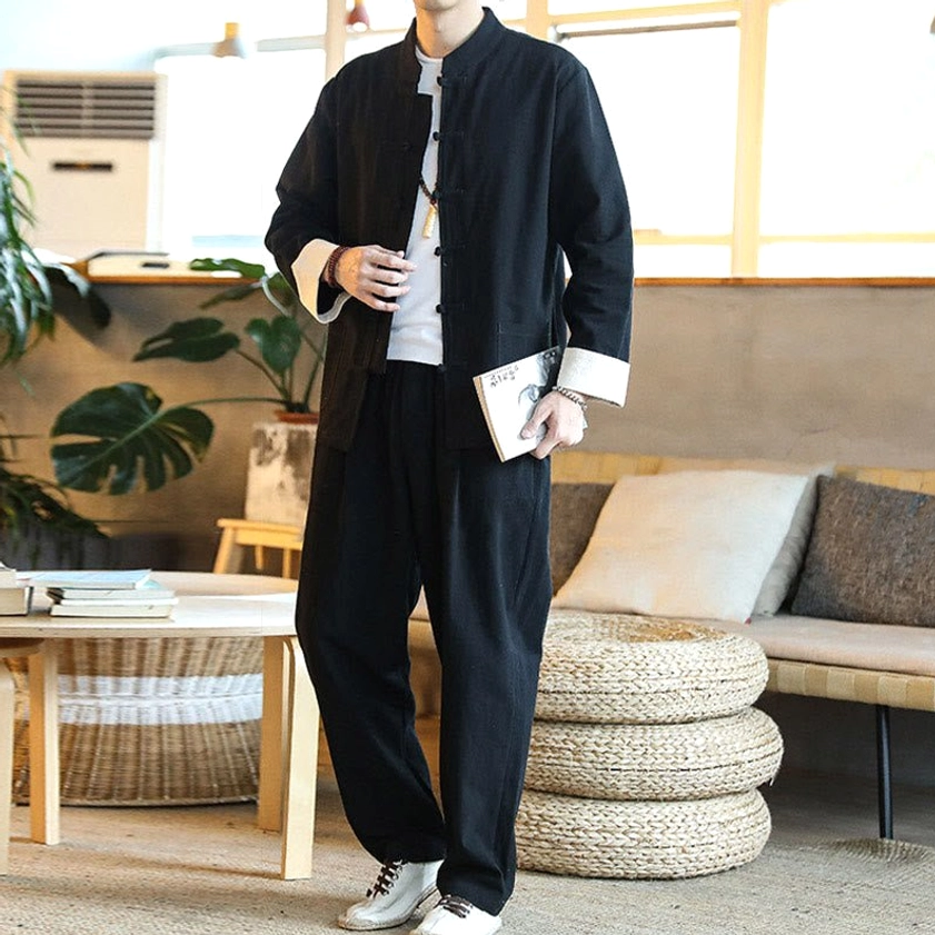Black Zen Tang suit for men, eco-friendly cotton-linen blend for sustainable spiritual wear