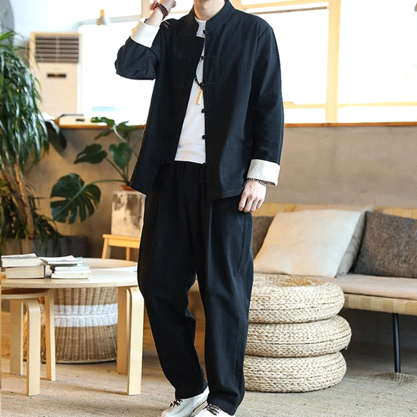 Men's black Zen Tang suit set, traditional Asian design with modern comfort features