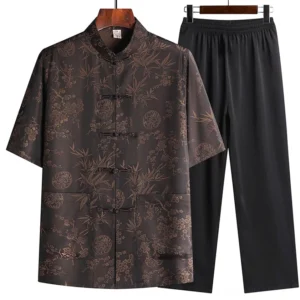 Men's dark brown bamboo peach blossom tang suit short sleeve top with frog buttons and black straight pants front view