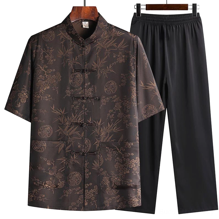 Men's dark brown bamboo peach blossom tang suit short sleeve top with frog buttons and black straight pants front view