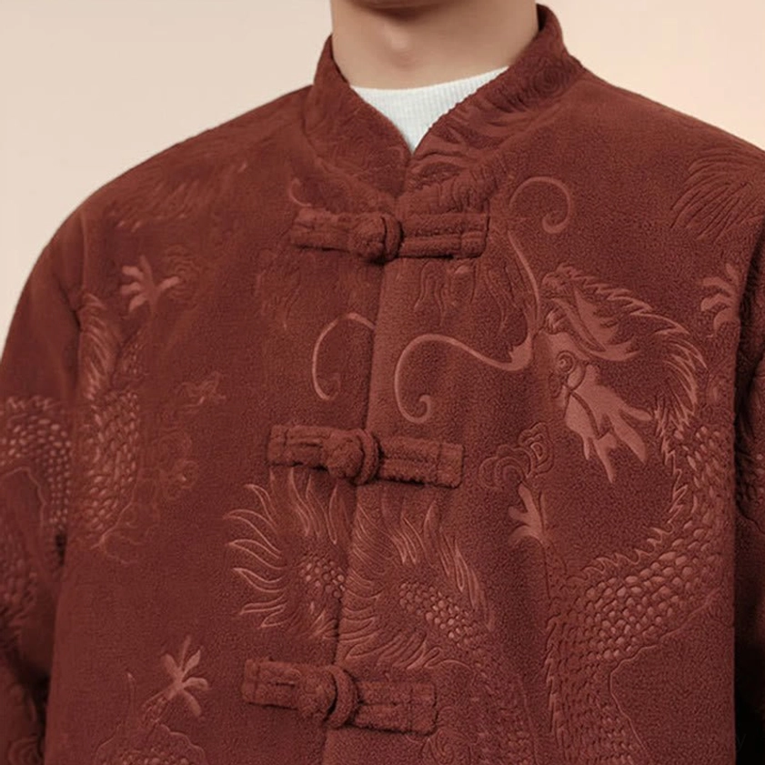 Men's brown dragon Tang suit, front angle with traditional Chinese style collar and frog button closures