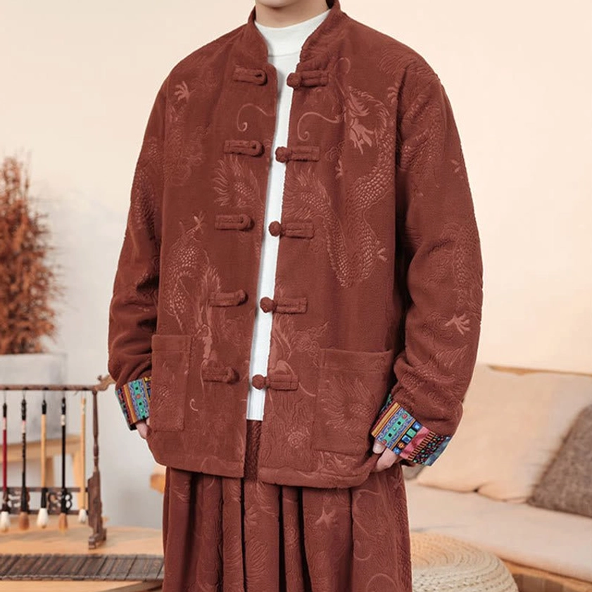 Back view of chocolate brown Tang suit jacket and pants, displaying traditional Chinese tailoring and silhouette