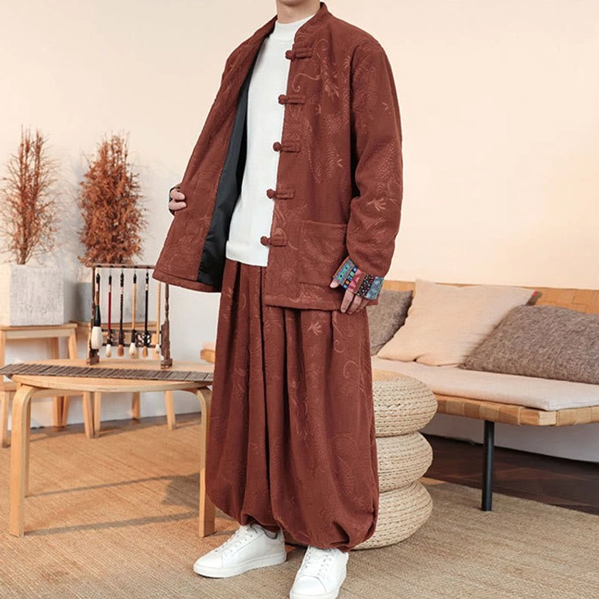 Brown Tang suit set with close-up view of traditional frog buttons and ethnic embroidered decorative cuffs