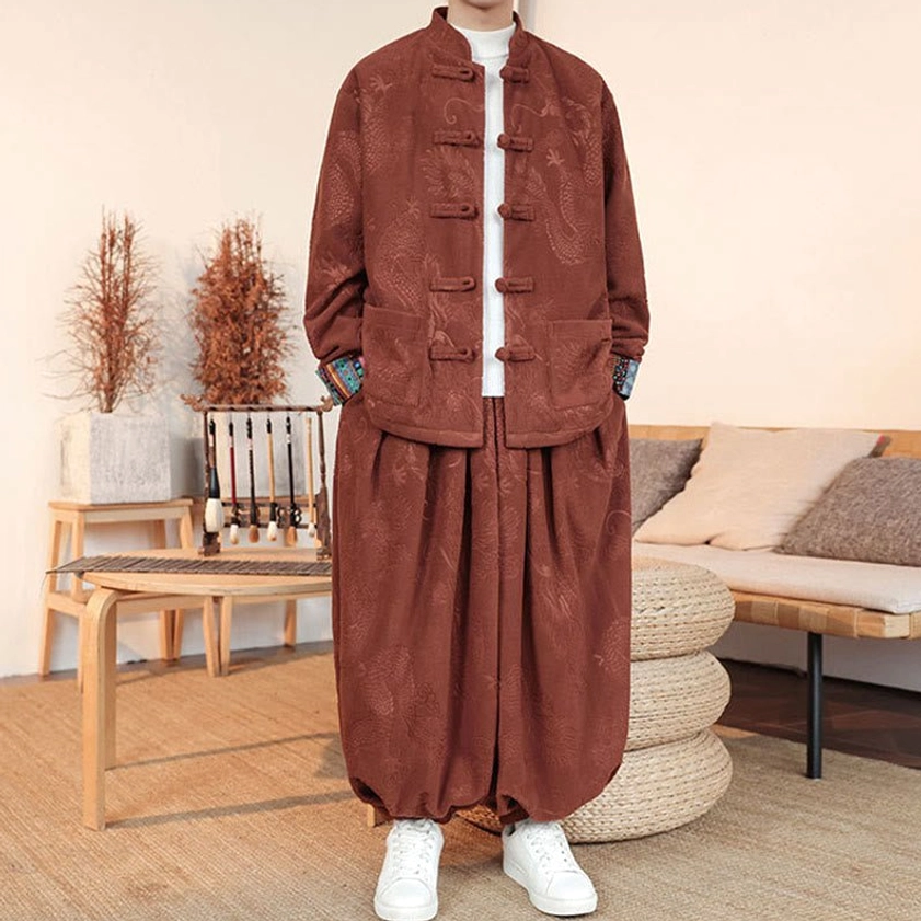 Men's chocolate brown Tang suit two-piece outfit, traditional mandarin collar and frog button construction