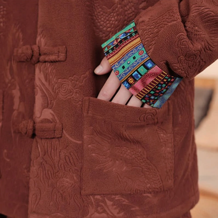 Chocolate brown Tang suit for men, size and fit guide display with traditional craftsmanship details
