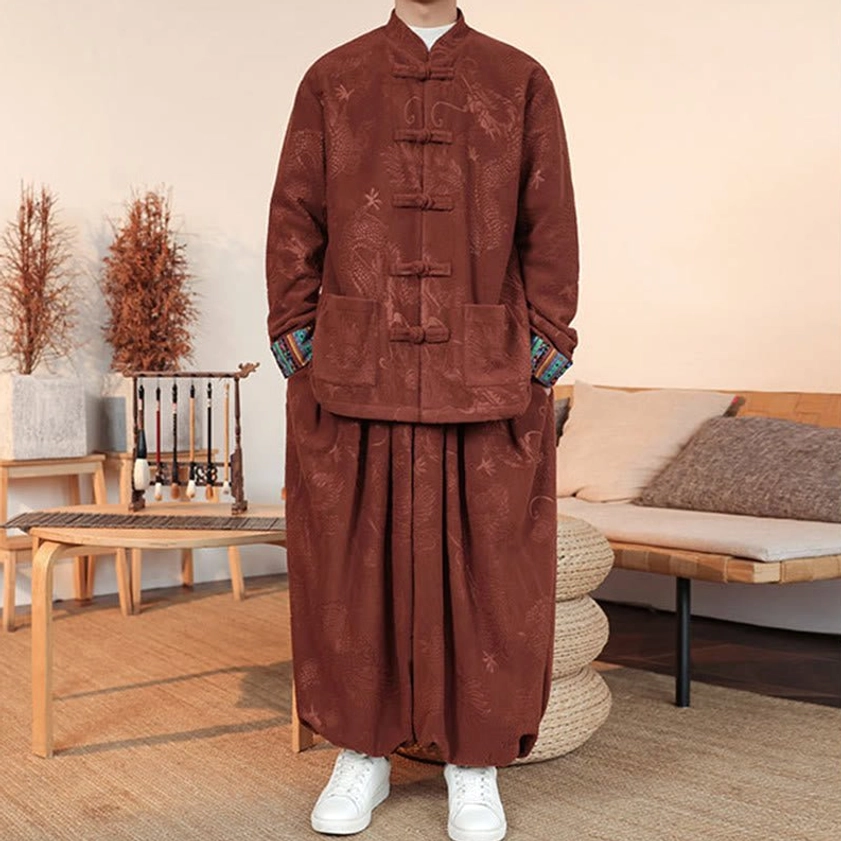 Men's chocolate brown Tang suit two-piece set, three-quarter view showing jacket and pants proportion