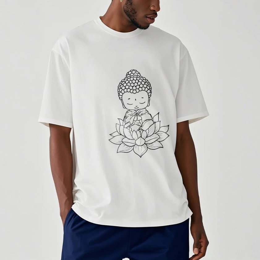 Male model wearing off-white Buddha lotus spiritual t-shirt front view studio shot