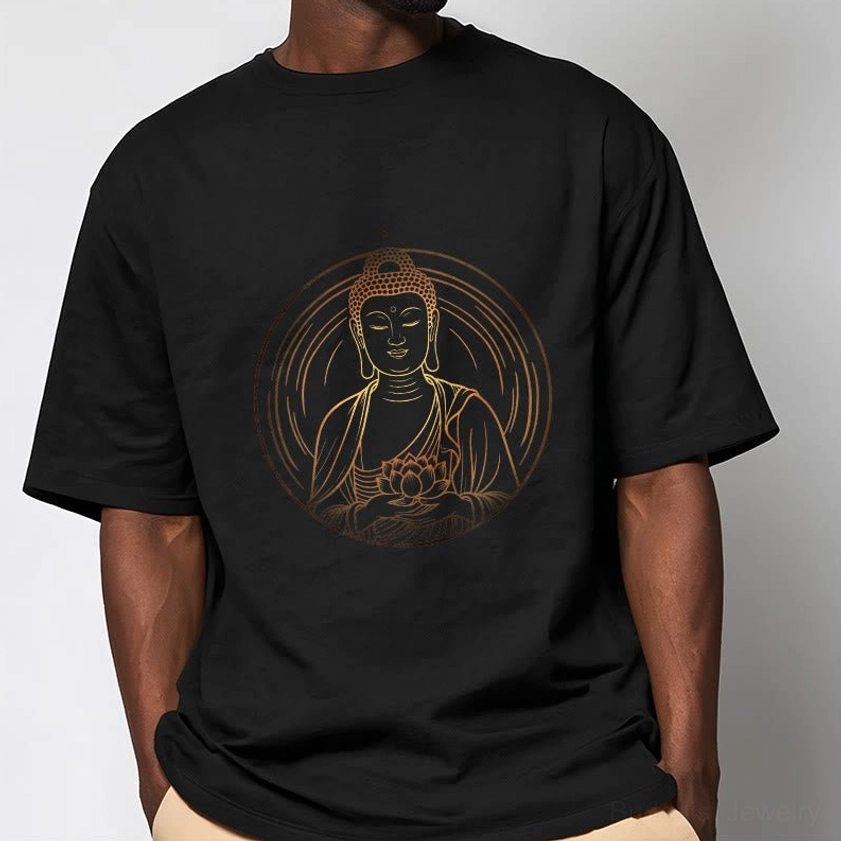 Men's Buddha lotus spiritual t-shirt worn front view showing relaxed fit and centered chest print