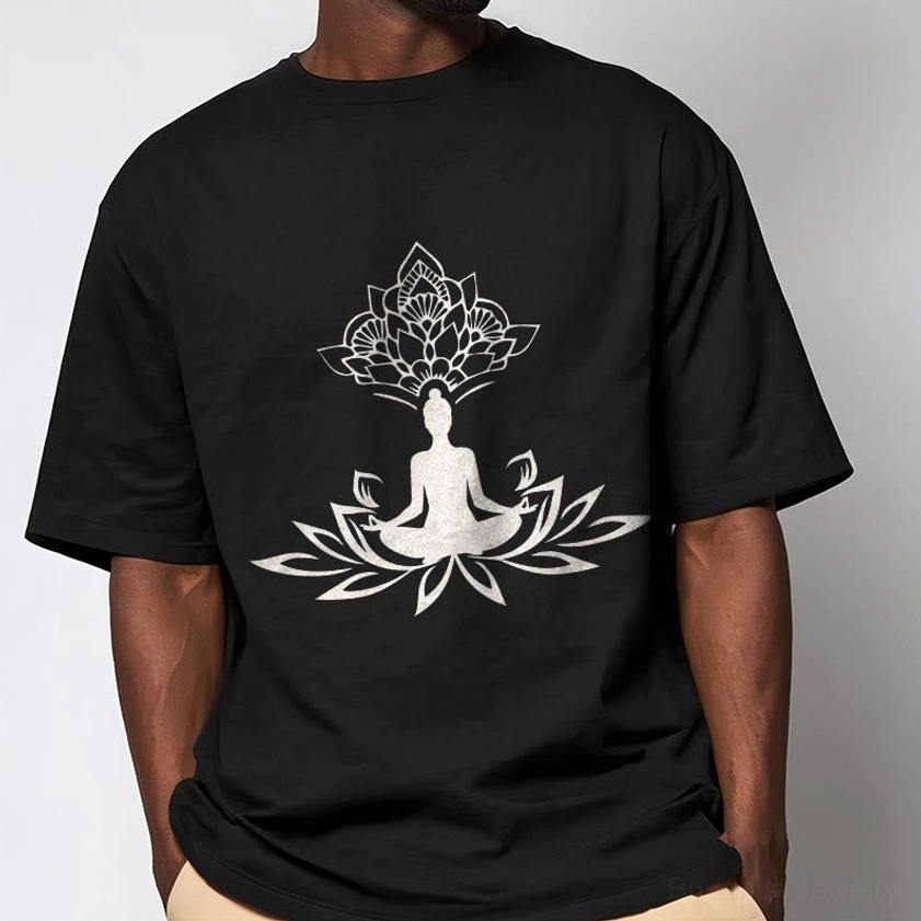 Men's oversized black Buddha lotus graphic t-shirt white chest print relaxed fit