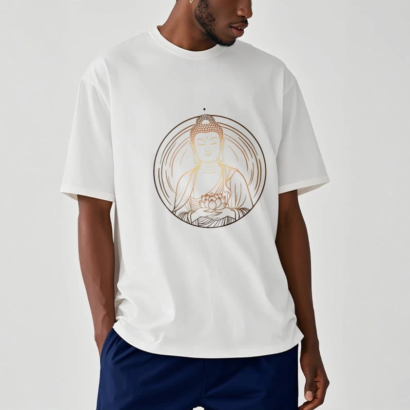 Men wearing white Buddha lotus spiritual t-shirt with dark blue trousers studio background