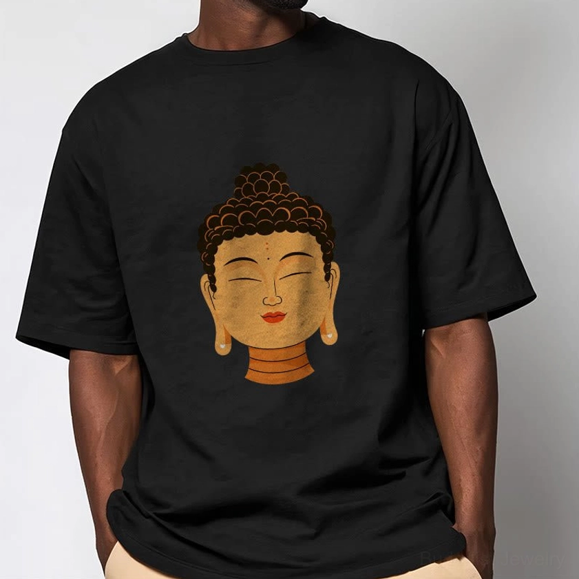 Man wearing black Buddha meditation t-shirt side pose with hands in pockets casual style
