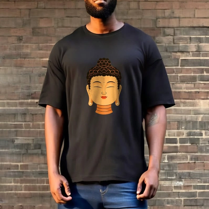 Man in black Buddha meditation t-shirt casual streetwear style against brick wall