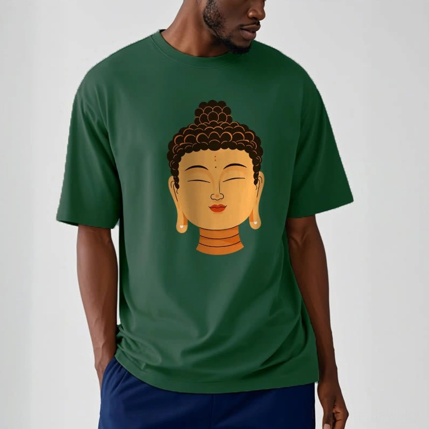 Man wearing dark green Buddha meditation t-shirt casual relaxed fit half-body view
