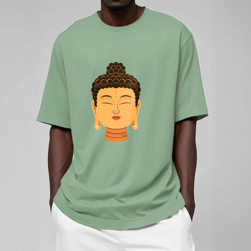 Man in light grey Buddha meditation t-shirt casual everyday wear styling