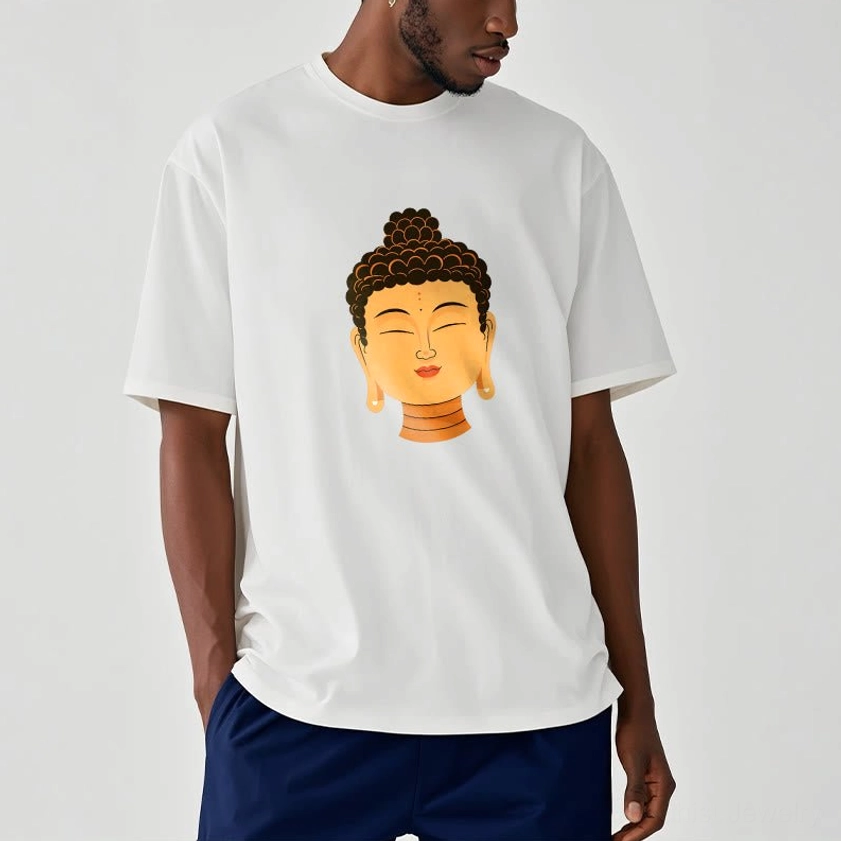 Men wearing white Buddha meditation t-shirt casual half-body style on light background