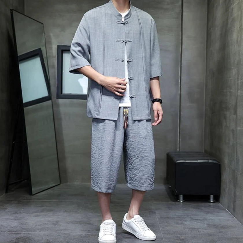 Men's Buddha-inspired meditation wear with traditional mandarin collar and frog fastening