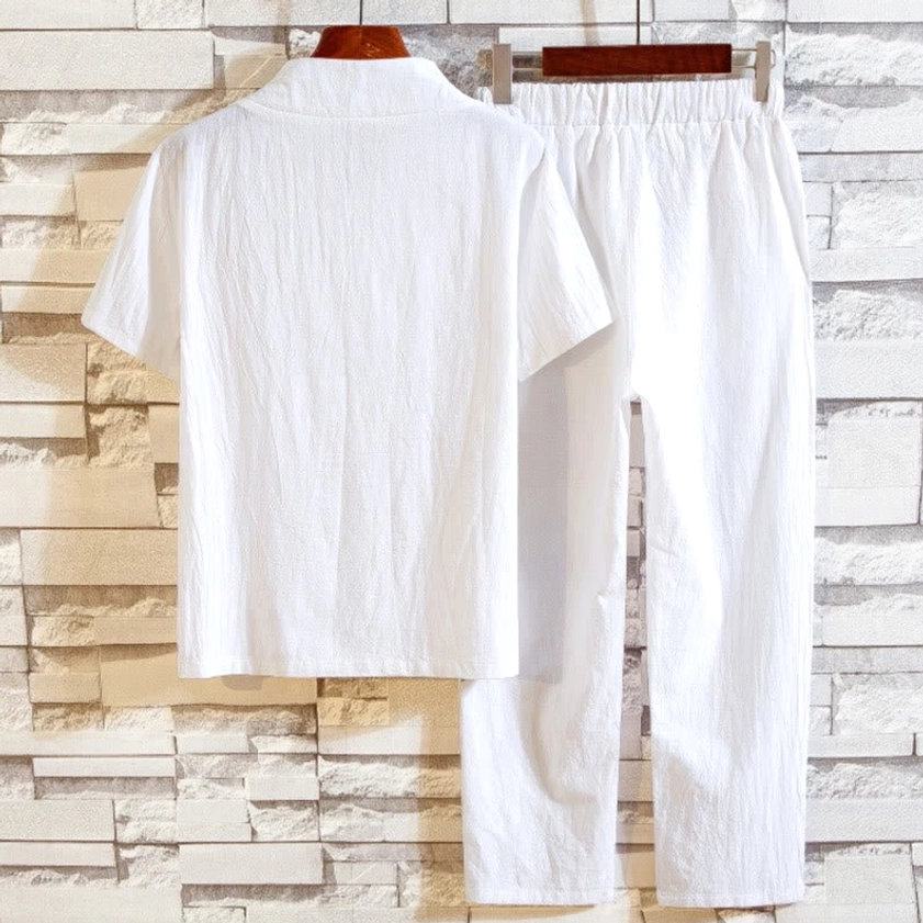 Men's meditation linen suit back view henley shirt and pants drawstring waist