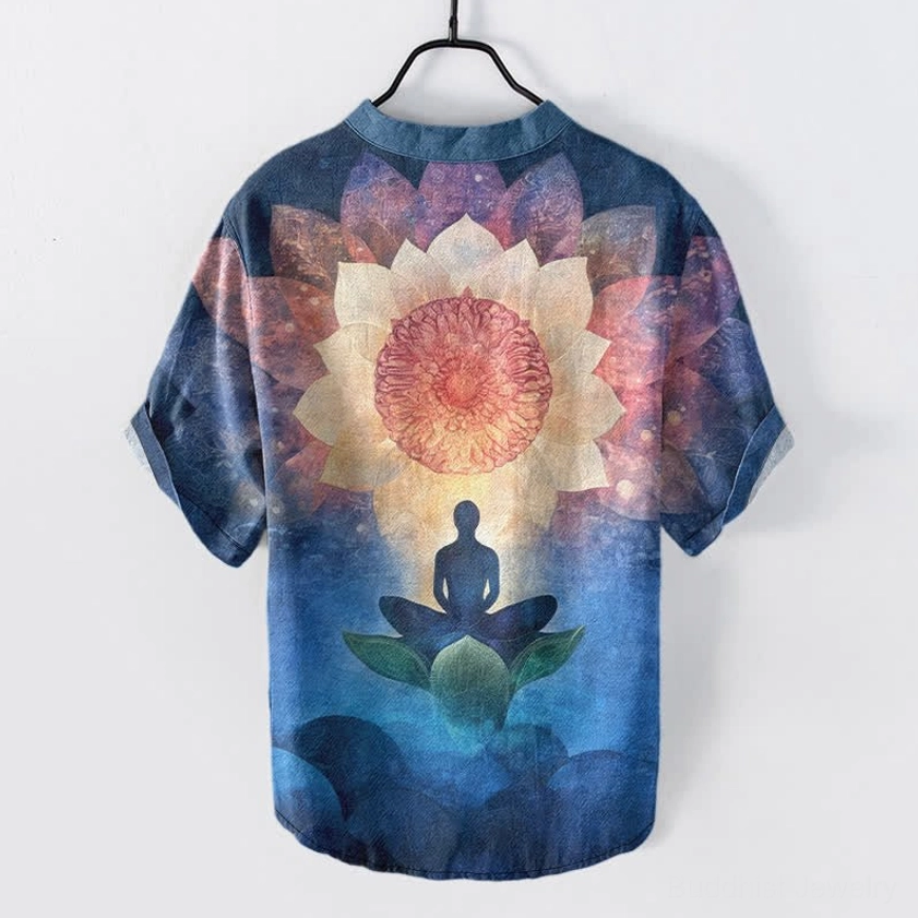 Light sea green Buddhist meditation shirt back view - turquoise color option showing full lotus and meditating figure spiritual artwork