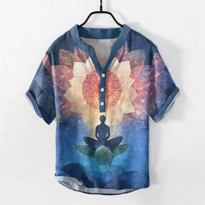 Light sea green Buddhist lotus meditation men's henley shirt front view - turquoise color variant with stand collar design