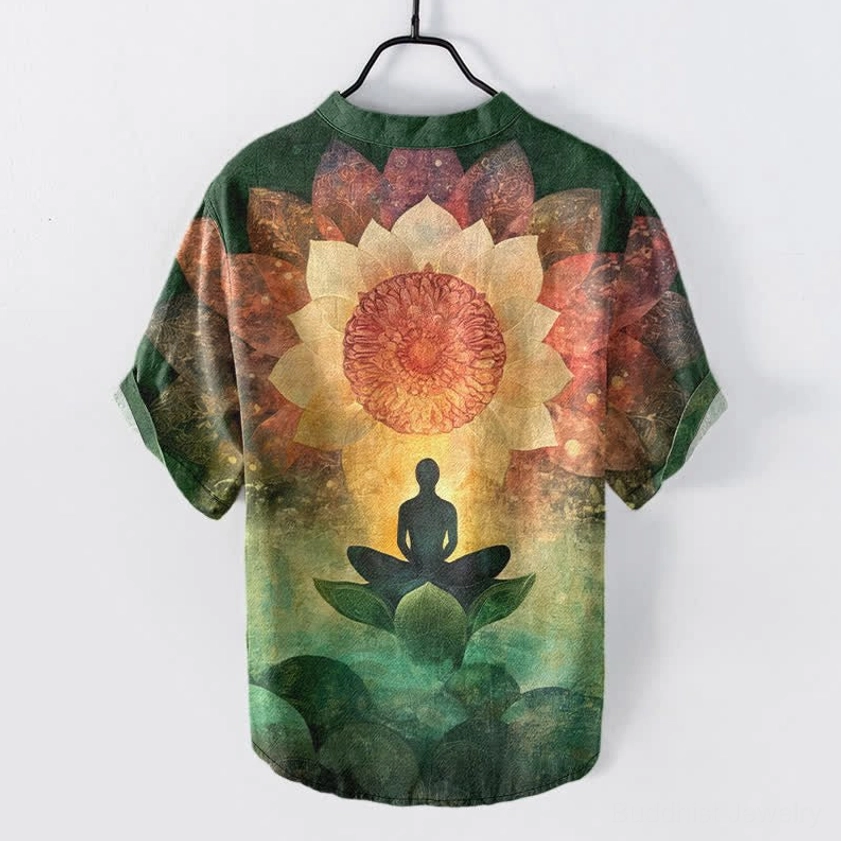 Steel blue Buddhist meditation shirt back view - full lotus and meditating figure design showcasing complete spiritual artwork on eco-friendly cotton