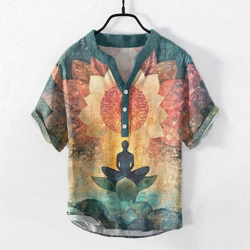 Steel blue Buddhist lotus meditation henley shirt front flat lay - regular fit short sleeve cotton shirt with spiritual design