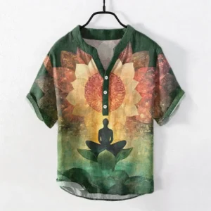 Steel blue Buddhist lotus meditation men's henley shirt front view - featuring serene meditation figure with lotus flower print design on premium cotton fabric