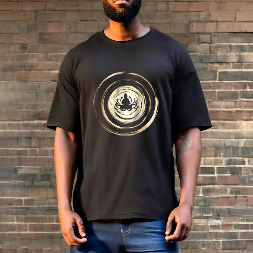 Men wearing black Buddha lotus spiritual t-shirt with blue jeans - outdoor brick wall