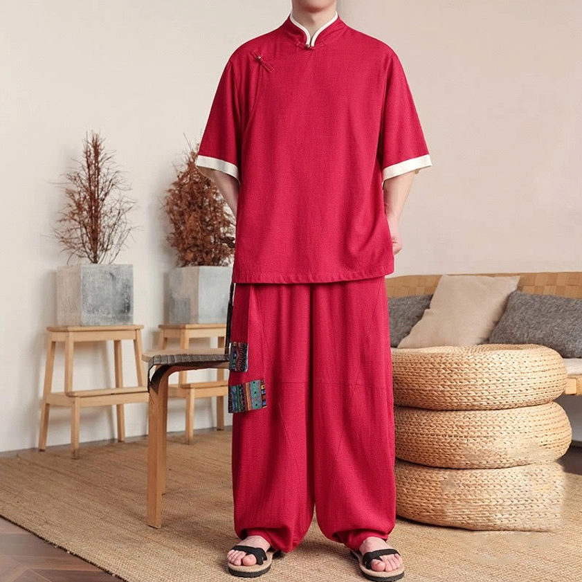 Men's crimson red Buddhist meditation linen suit with stand collar and decorative patches, front view