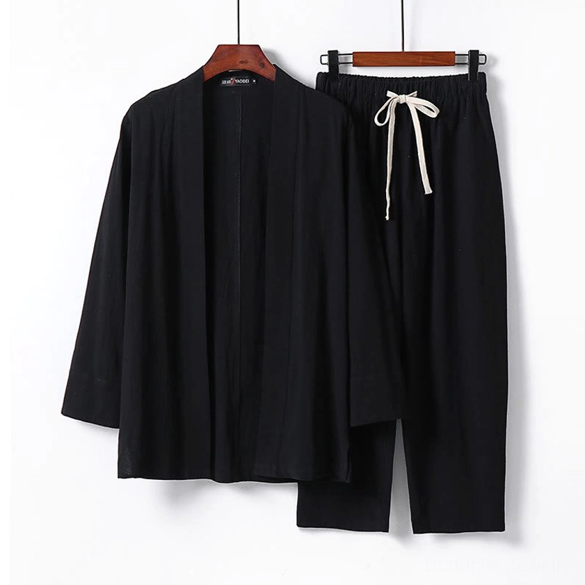 Men's Buddhist meditation cotton kimono set in black - front hanging view with wrinkled texture and drawstring pants