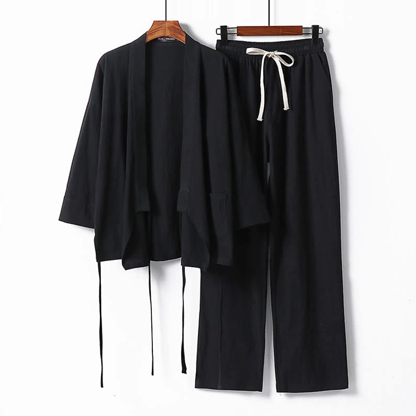 Men's black Buddhist meditation cotton kimono set front view - cross-wrap top with drawstring pants