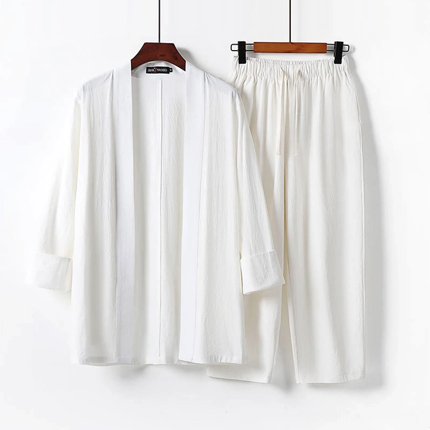 Men's Buddhist meditation kimono loungewear set in cream white - side view showing loose sleeves and wide leg pants