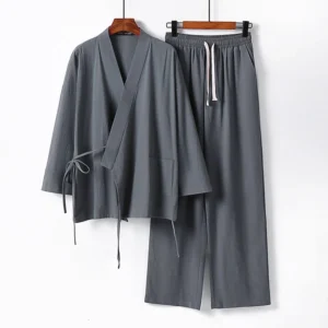 Men's Buddhist meditation cotton kimono set dark gray front view - drawstring cross-wrap top with matching lounge pants