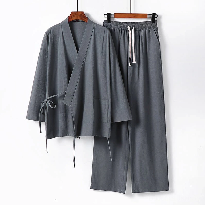 Men's Buddhist meditation cotton kimono set dark gray front view - drawstring cross-wrap top with matching lounge pants