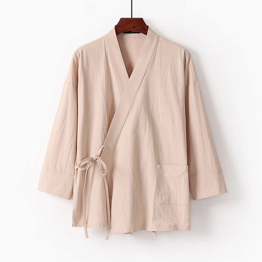 Men's Buddhist meditation kimono set detail view - handcrafted cotton fabric and drawstring construction