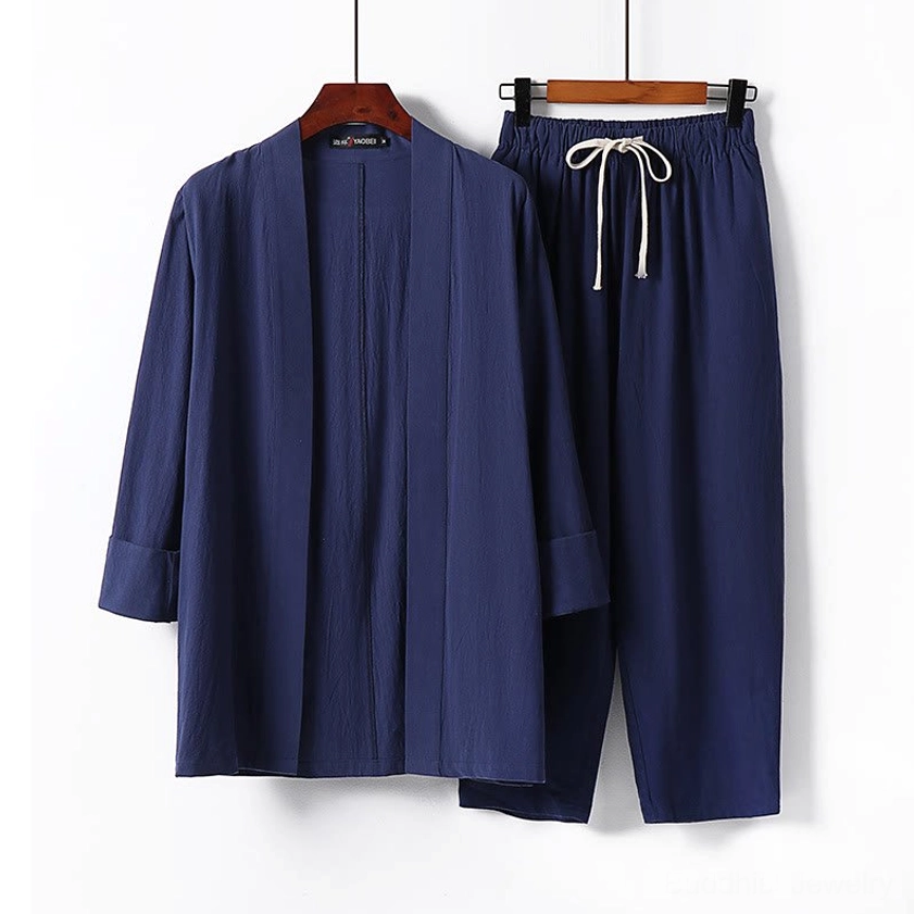 Men's Buddhist meditation cotton kimono set in steel blue - complete two-piece loungewear ensemble for mindfulness