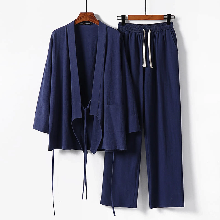 Men's steel blue Buddhist meditation cotton kimono set complete loungewear - front display with all pieces