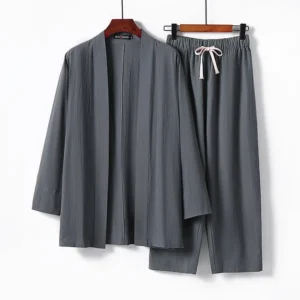 Men's Buddhist meditation cotton kimono set in steel blue - front hanging view with drawstring elastic waist pants