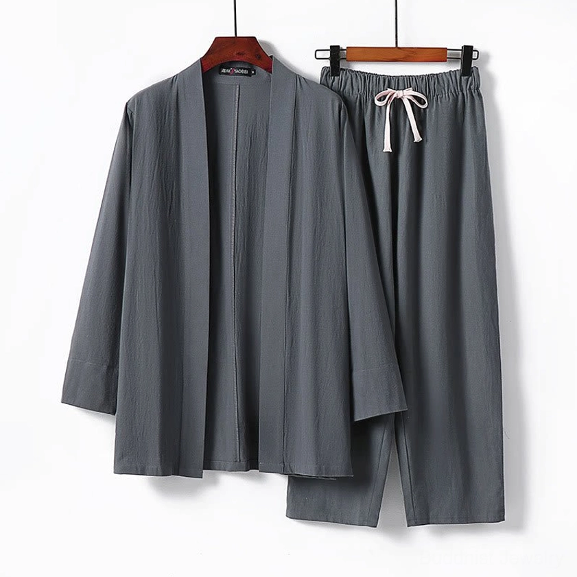 Men's Buddhist meditation cotton kimono set in steel blue - front hanging view with drawstring elastic waist pants
