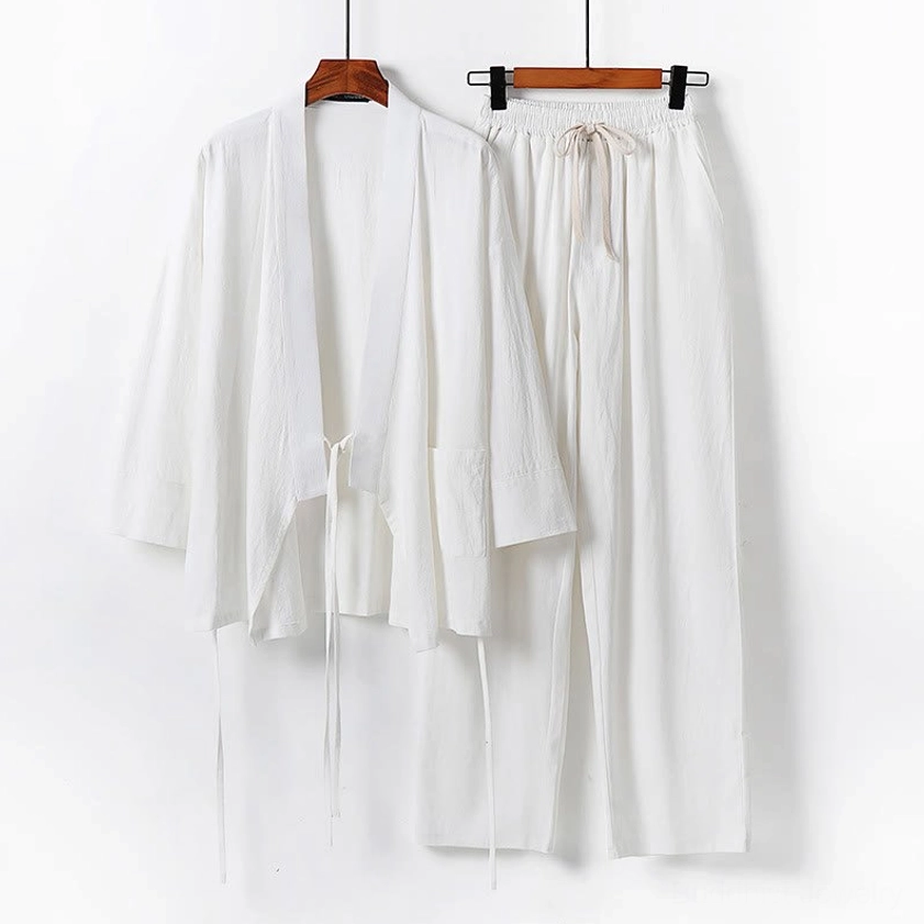 Men's white Buddhist meditation cotton kimono loungewear set front hanging display - minimalist zen style