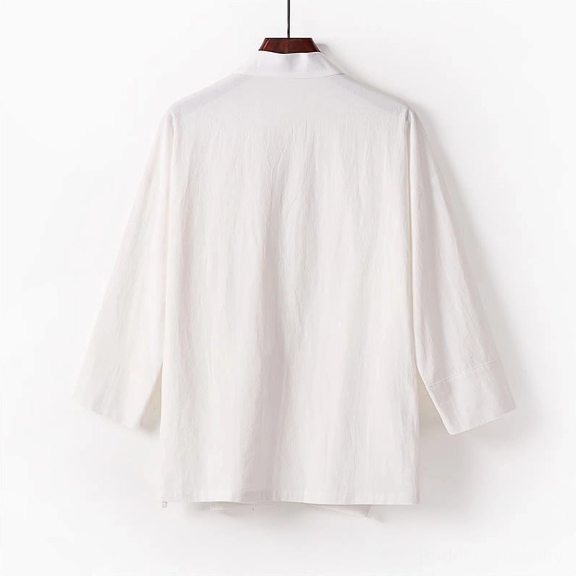 Men's off-white Buddhist meditation kimono top back view - loose three-quarter sleeves