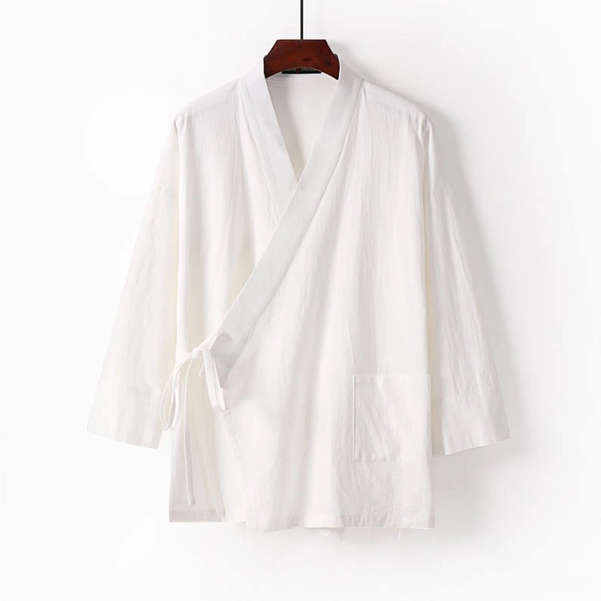 Men's off-white Buddhist meditation kimono top front view - cross-wrap design with side pockets and drawstring