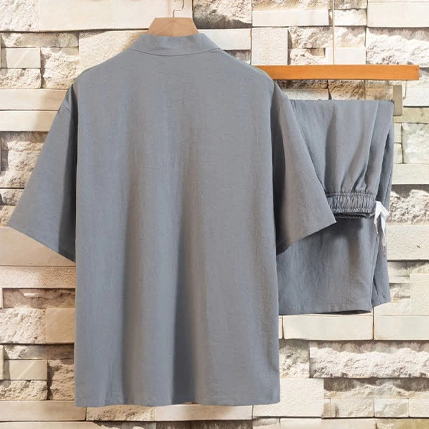 Buddhist-inspired men's meditation wear two-piece set with traditional frog button closure - back view showing plain shorts with elastic waist