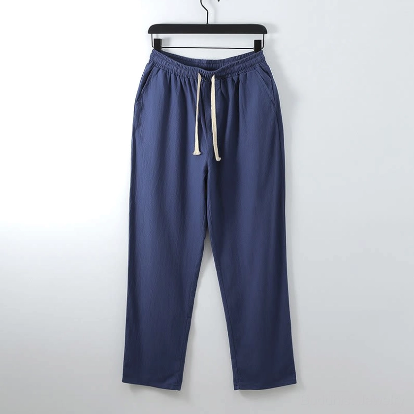Men's Buddhist meditation drawstring pants detail - loose fit comfort for yoga and spiritual practice