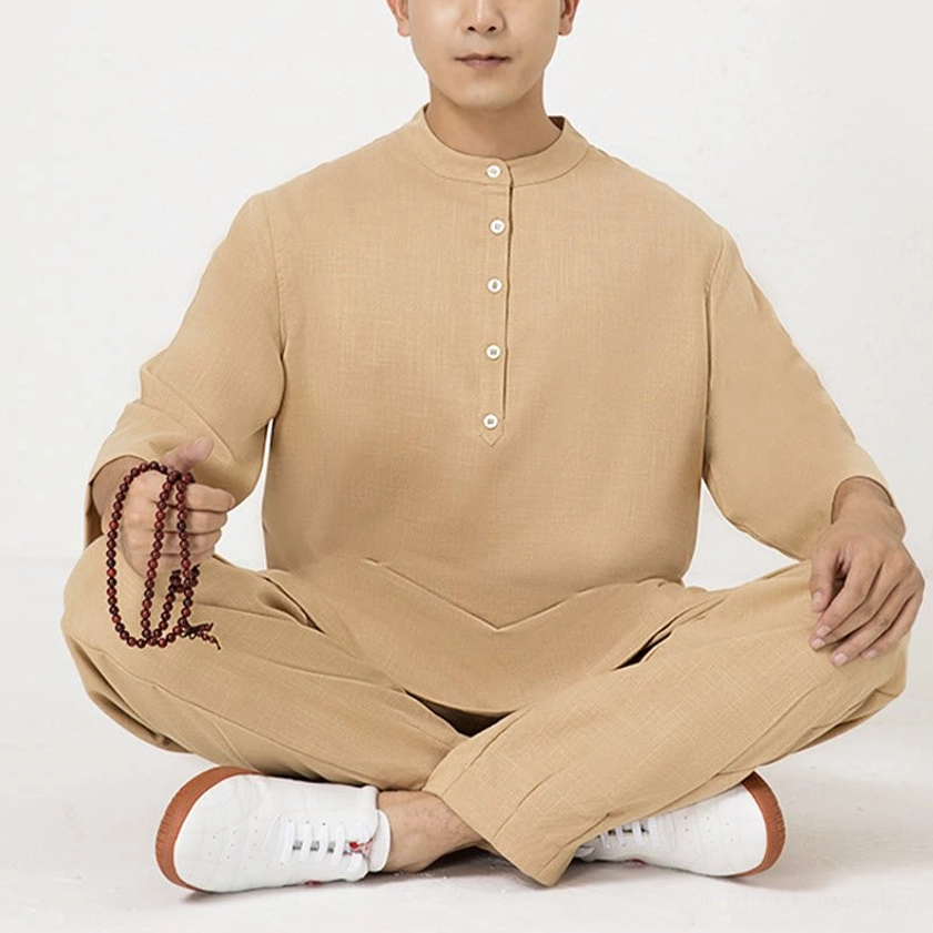 Men's Buddhist meditation and tai chi clothing set brown color full-body view, comfortable loose fit for spiritual practice