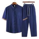 Navy blue men's Buddhist meditation 2-piece set with mandarin collar and frog buttons, front flat lay view