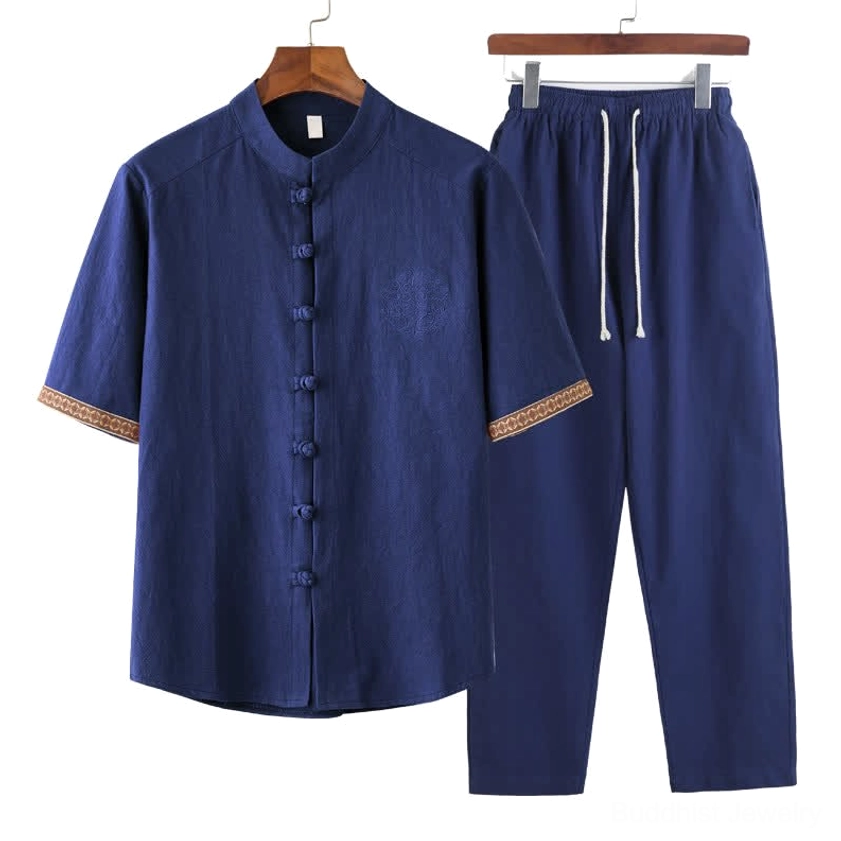 Navy blue men's Buddhist meditation 2-piece set with mandarin collar and frog buttons, front flat lay view