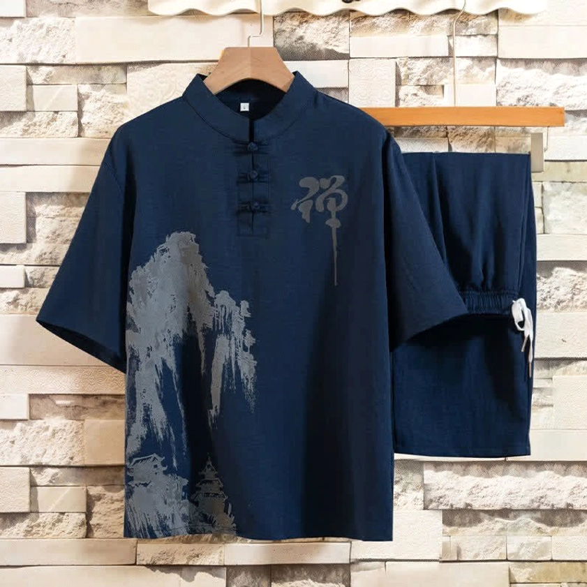 Men's Buddhist meditation wear two-piece set in navy blue with mandarin collar shirt and matching shorts, featuring frog button and Zen print