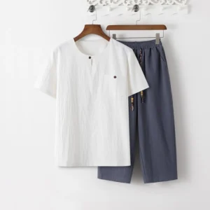 Men's Buddhist meditation cotton linen 2-piece set - white short sleeve shirt and dark gray cropped pants, front flat lay view showing complete outfit with chest pocket details